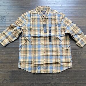Banana Republic Plaid Shirt Mens Sz Large Untucked Blue Tan Rolled Sleeve New